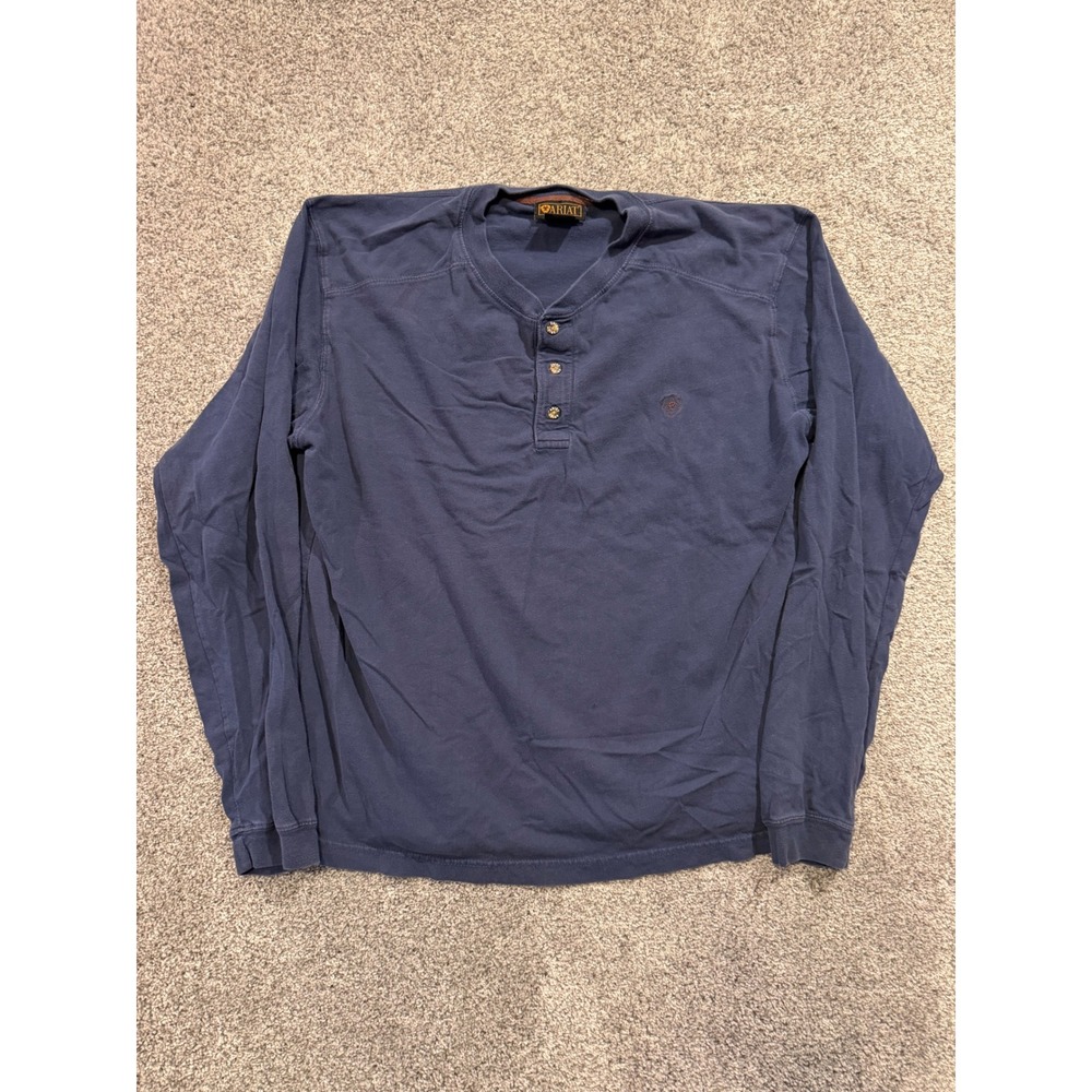 Ariat Henley Shirt Mens XL Blue Long Sleeve Cotton Logo Casual Workwear *